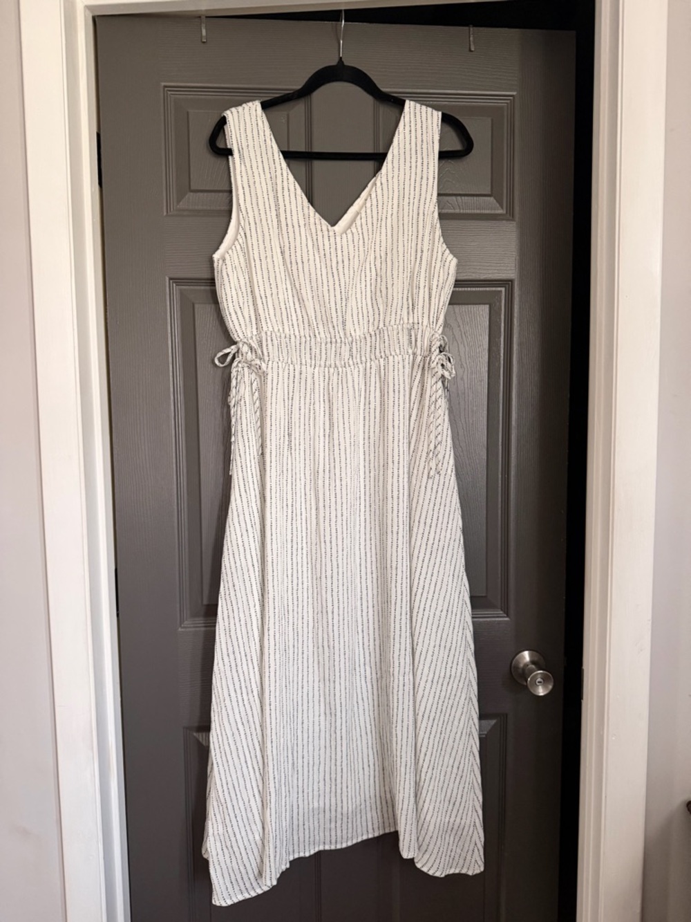 fun 2 fun White Maxi Dress with Thin Black Stripes and V-Neck